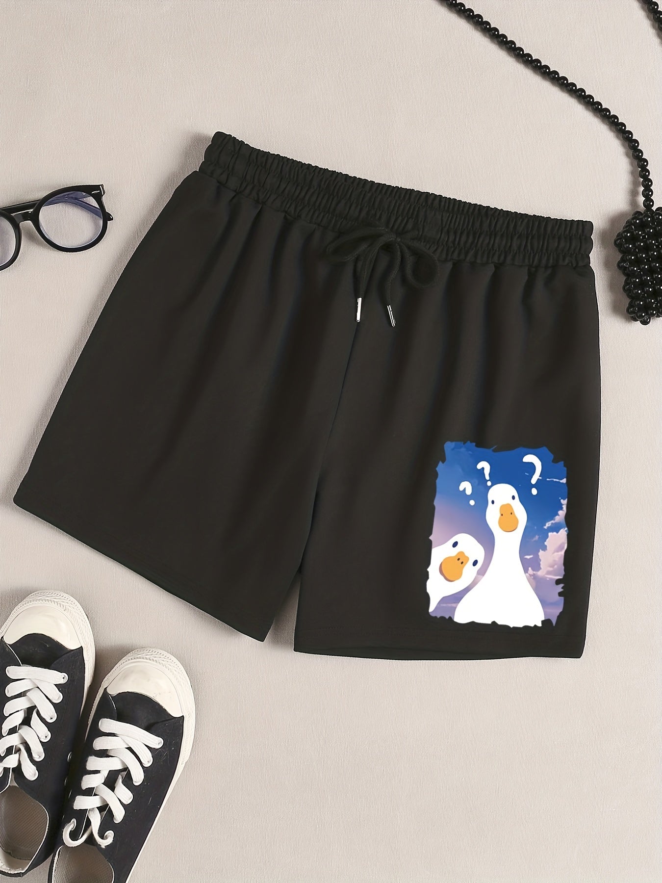 Goose Print Lounge Shorts Elastic Waist Sporty Pajama Shorts