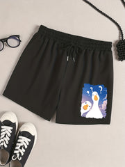 Goose Print Lounge Shorts Elastic Waist Sporty Pajama Shorts