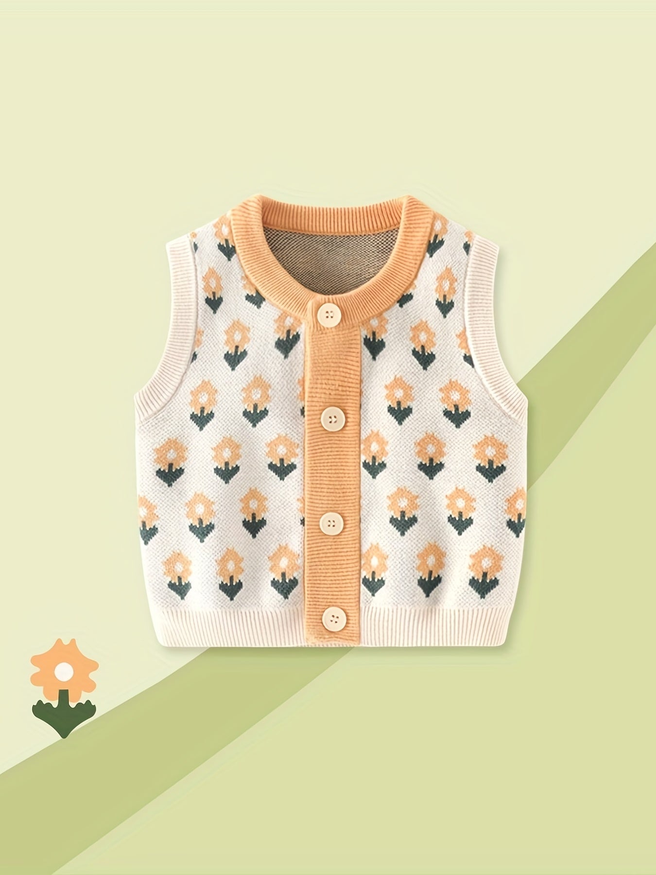 Infant Floral Print Vest Baby V Neck Button Down Knitted Sweater