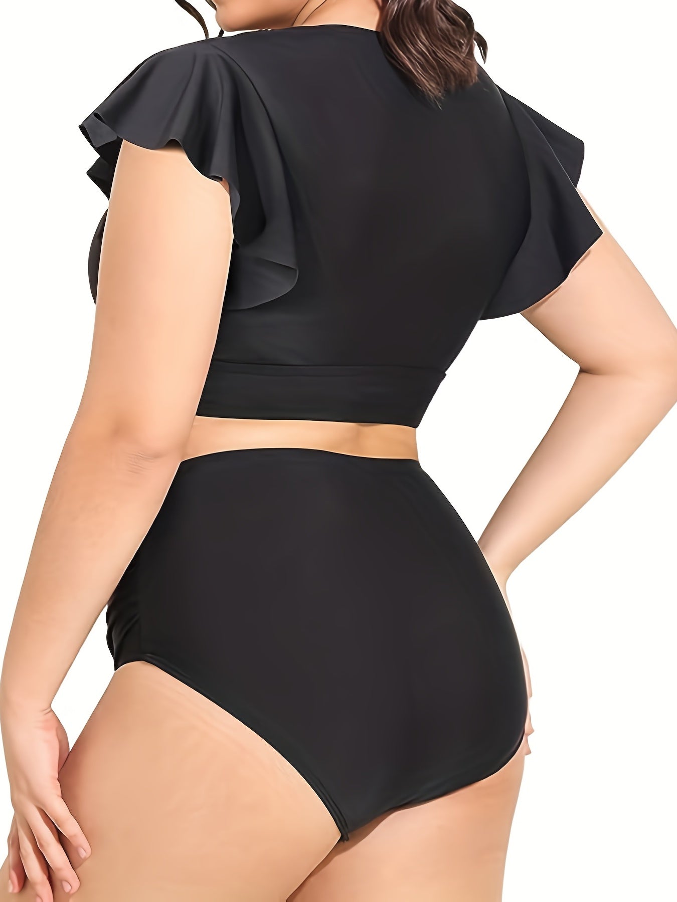 Vacay Tankini Set Solid Warp V Neck Cap Sleeve Crop Top