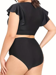 Vacay Tankini Set Solid Warp V Neck Cap Sleeve Crop Top