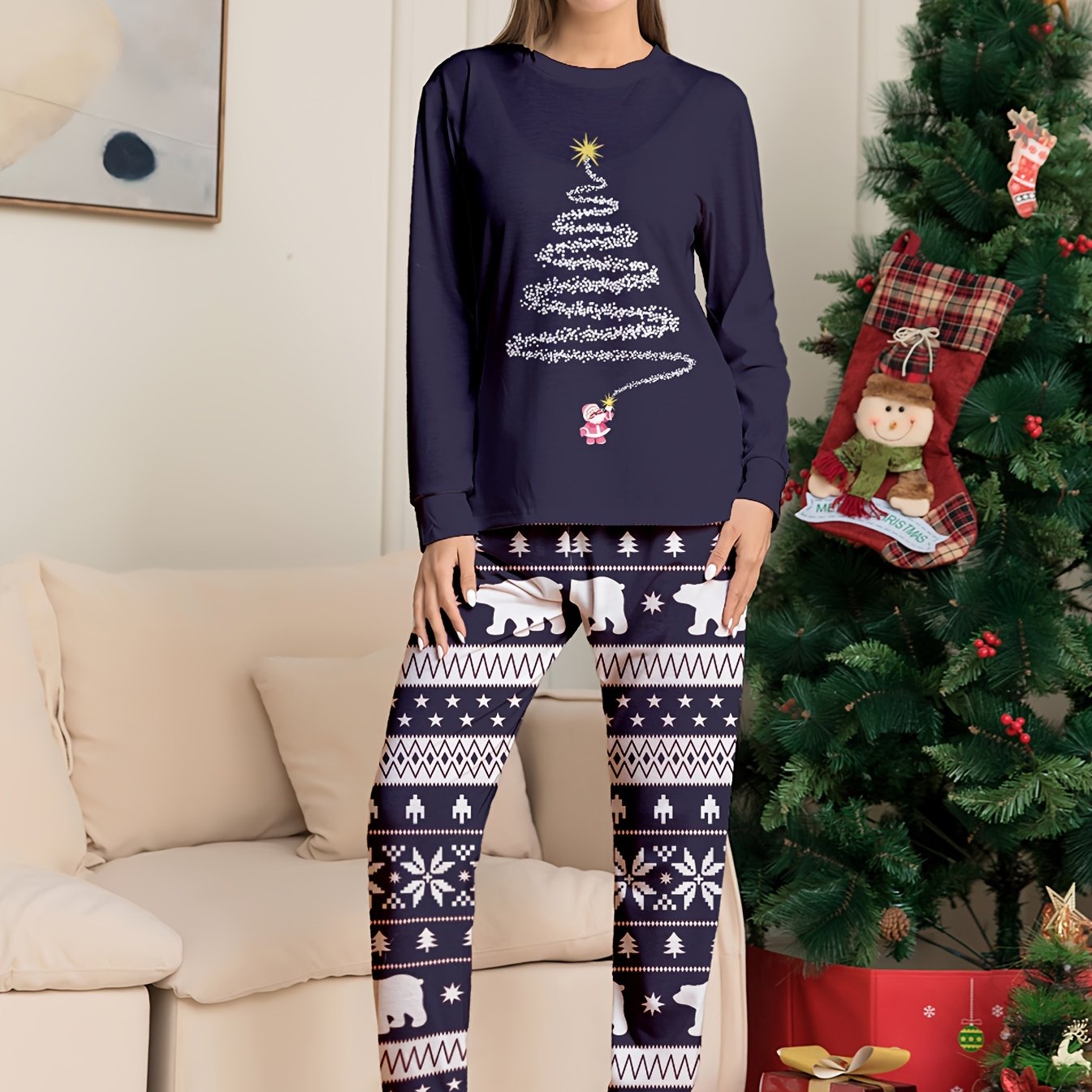 Christmas Print Pajama Set Long Sleeve Top & Pants