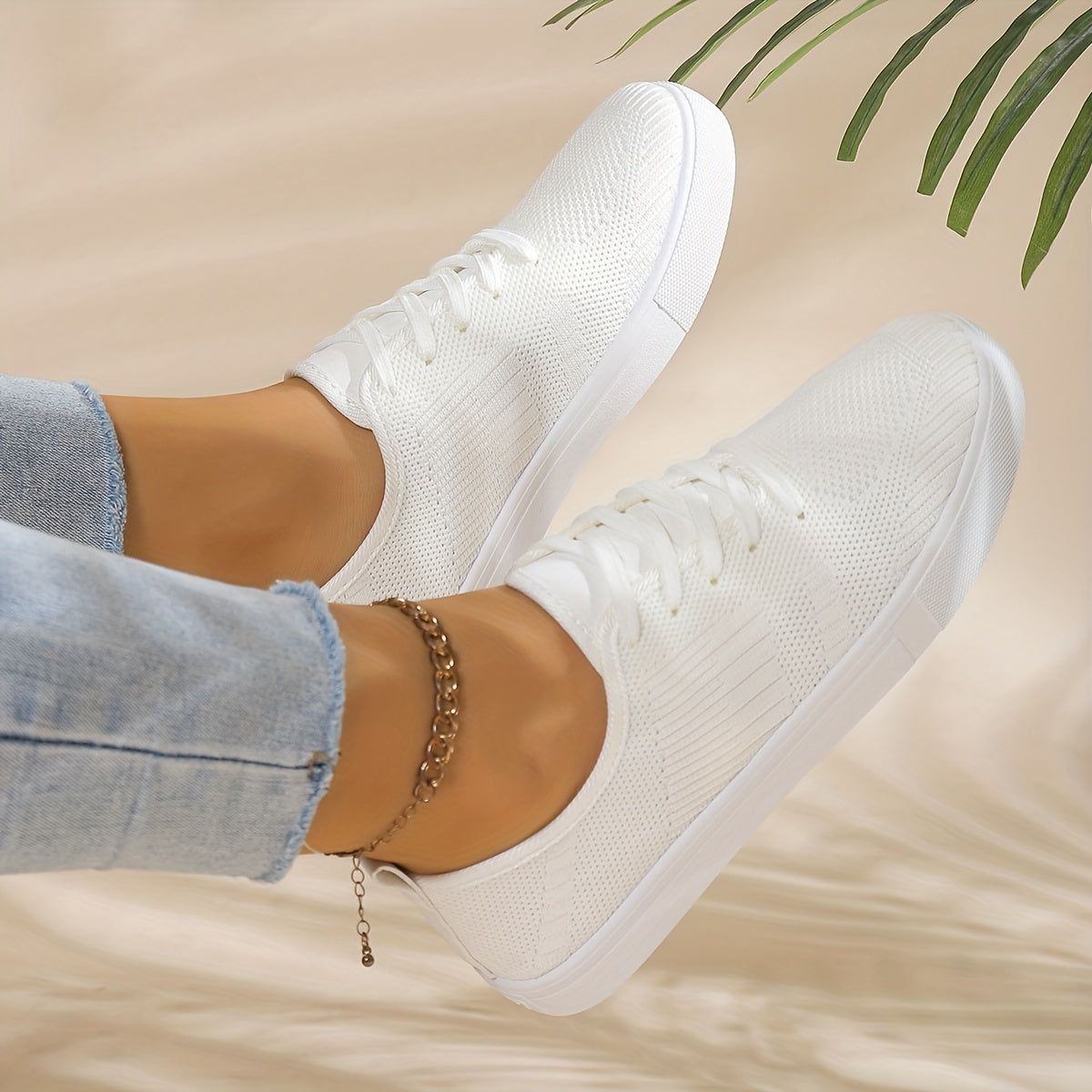 Women's Solid Flying Woven Sneakers Breathable Lace Up Outdoor Shoes