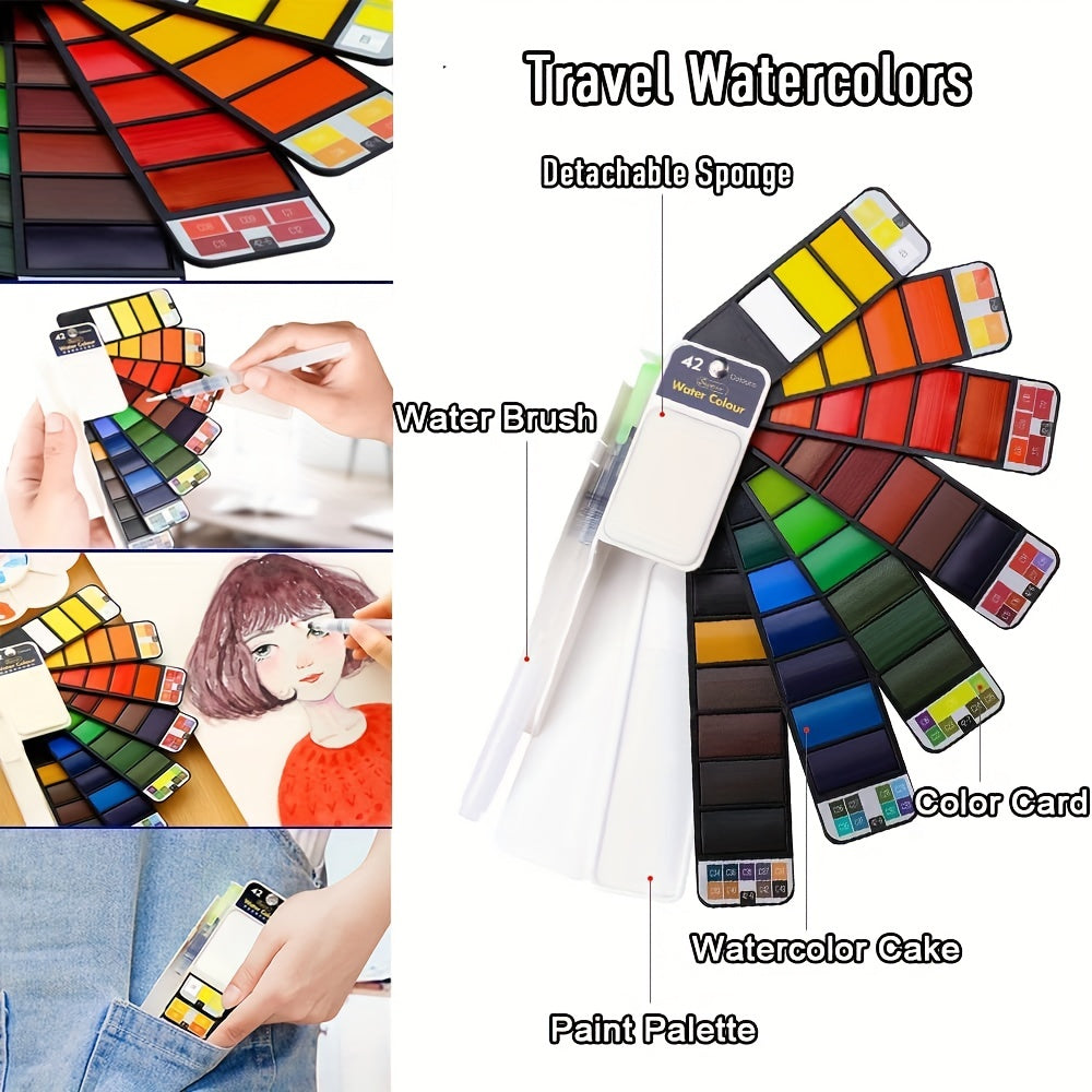 42 Colors Watercolor Paint Set Foldable Kit with Brushes for Artists