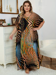 Boho Plus Size Cover Up Graphic Print V Neck Maxi Beach Dress