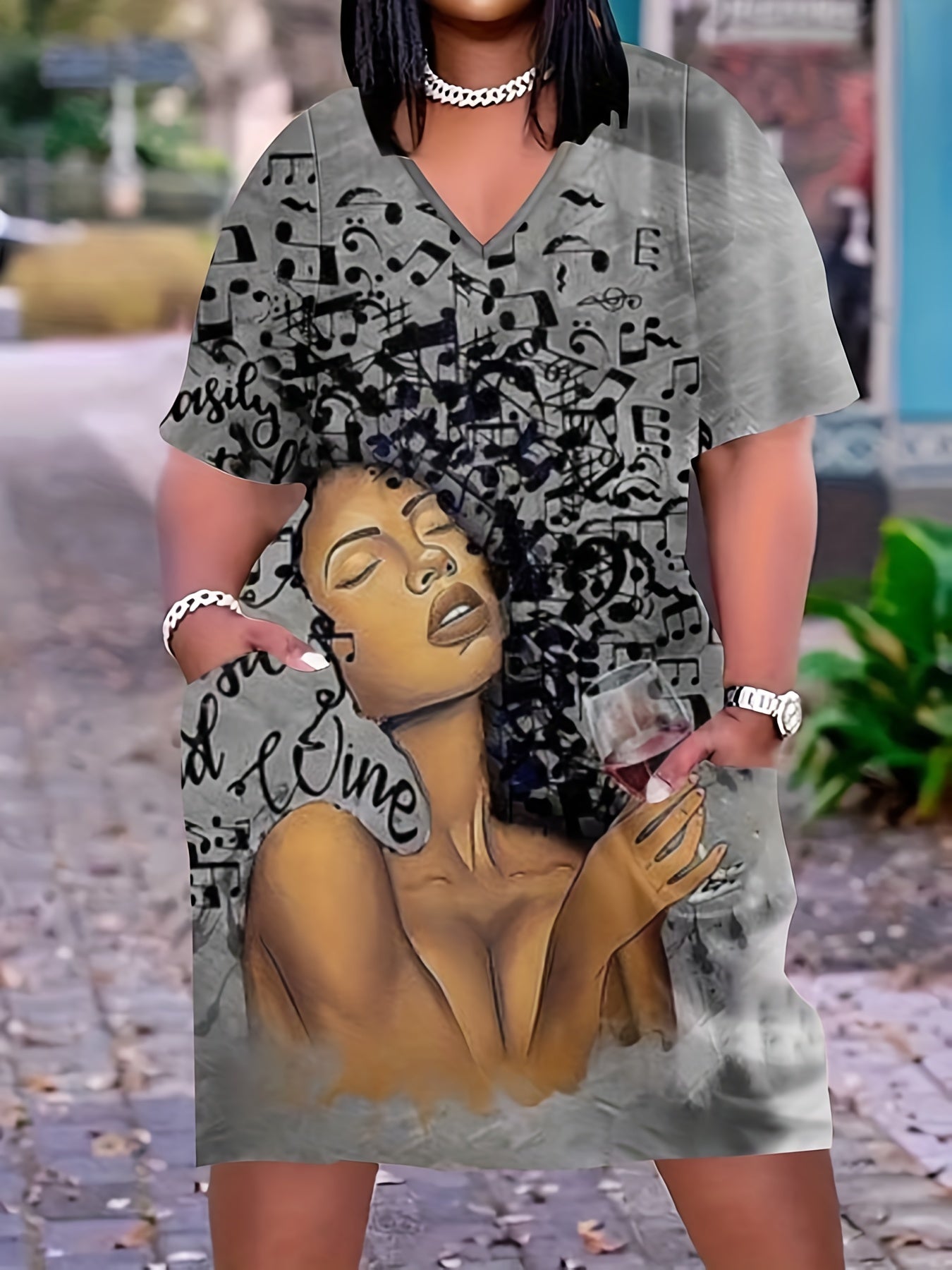Casual Dress Women's Plus Cartoon Print Short Sleeve V Neck Dress