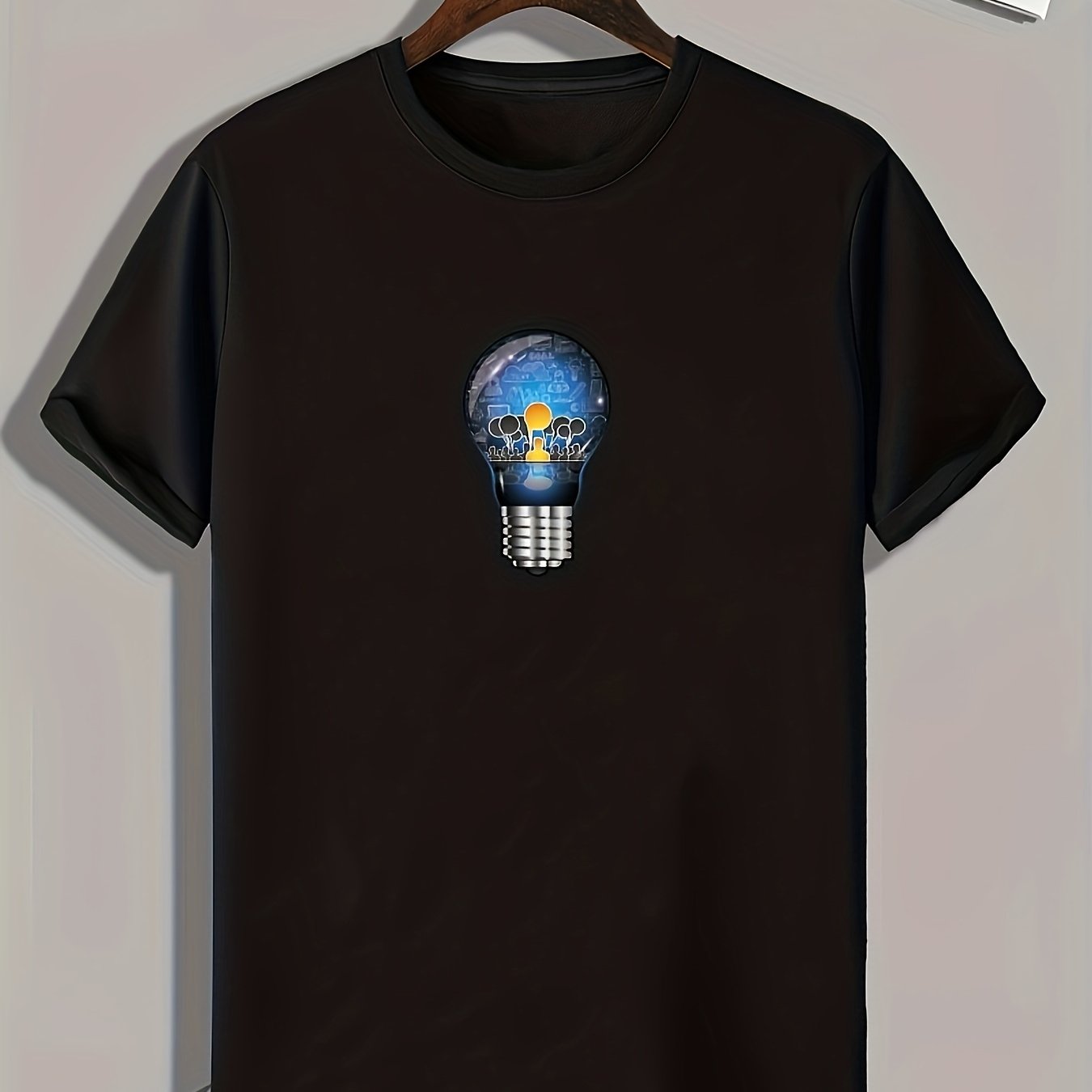 Light Bulb Print Men's Comfy T shirt Active Slightly Stretch Tee