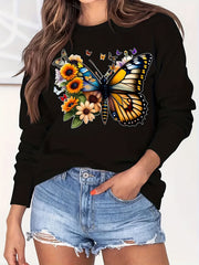 Butterfly Sunflower Print Sweatshirt Women's Casual Long Sleeve Crew Neck