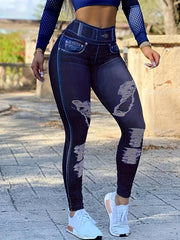 Faux Denim Print Yoga Leggings Sports Tight Pants Women's Activewear