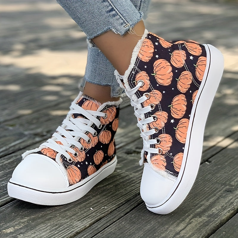 Halloween Pumpkin Print High Top Canvas Shoes for Women