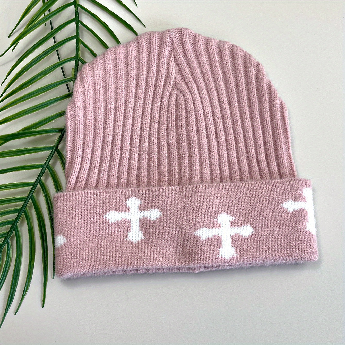 Pink Cross Jacquard Beanie Y2K Elastic Knit Hat