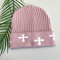 Pink Cross Jacquard Beanie Y2K Elastic Knit Hat