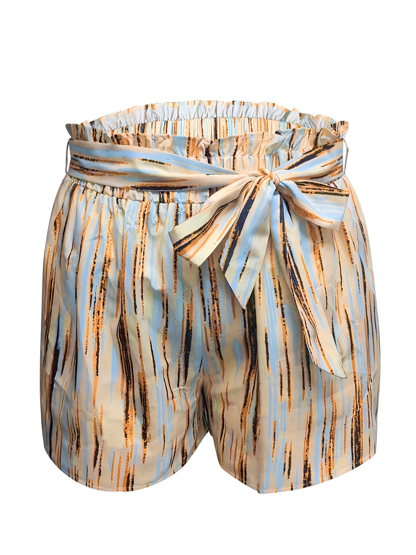 Boho Shorts Women's Plus Stripe Print Paperbag Waist Shorts