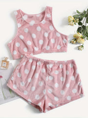 Flannel Polka Dot Print Pajama Set Plus Size