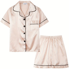 Soft Satin Pajama Set Button Down Top with Shorts