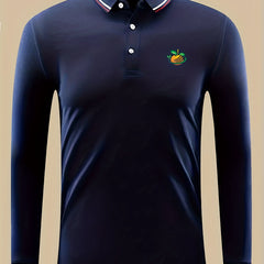 Orange Print Men's Casual Button Up Long Sleeve Lightweight Polo Shirt