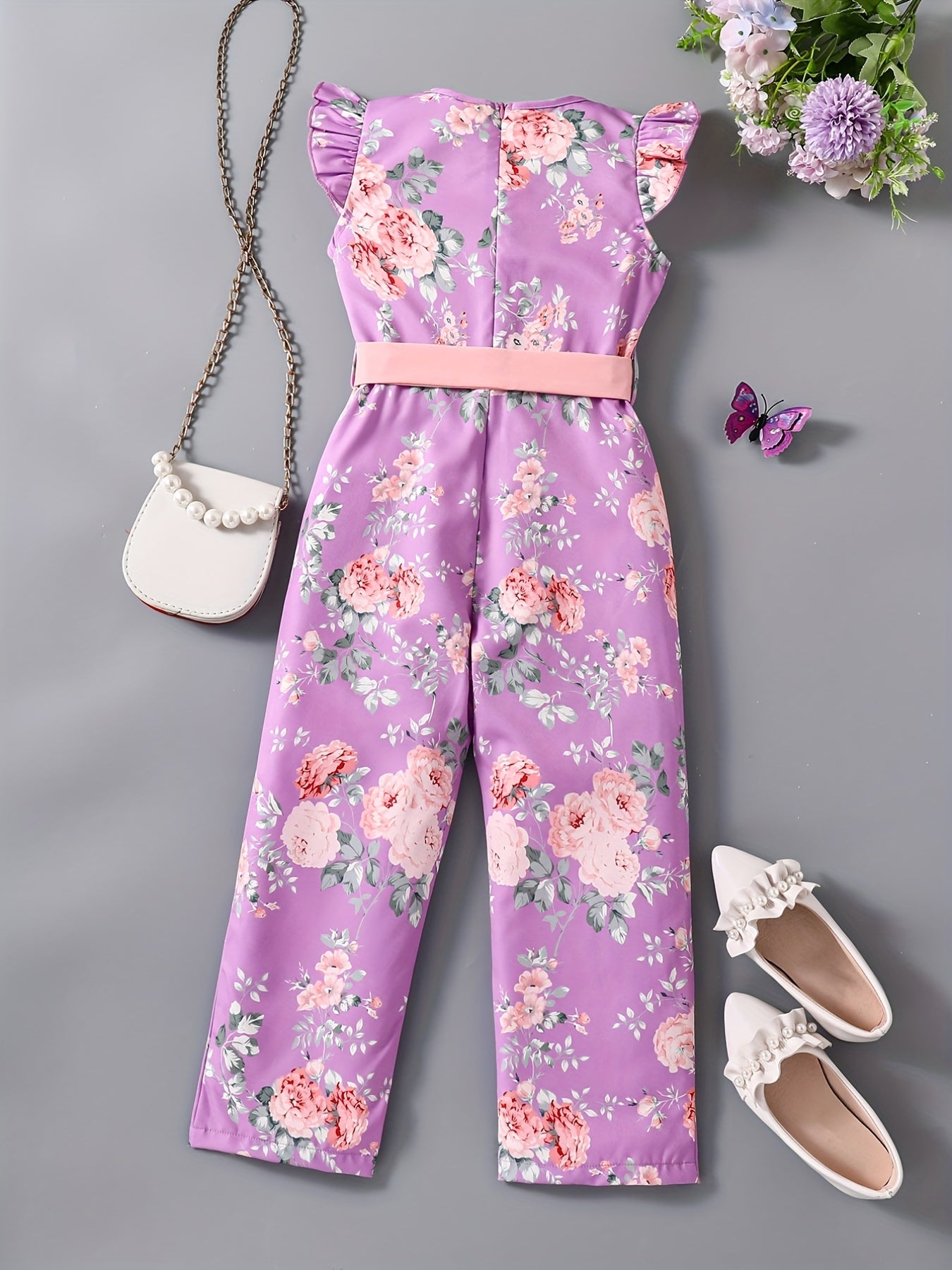 Toddler Girls Flowers Flutter Sleeve Rompers Wide Leg Jumpsuits