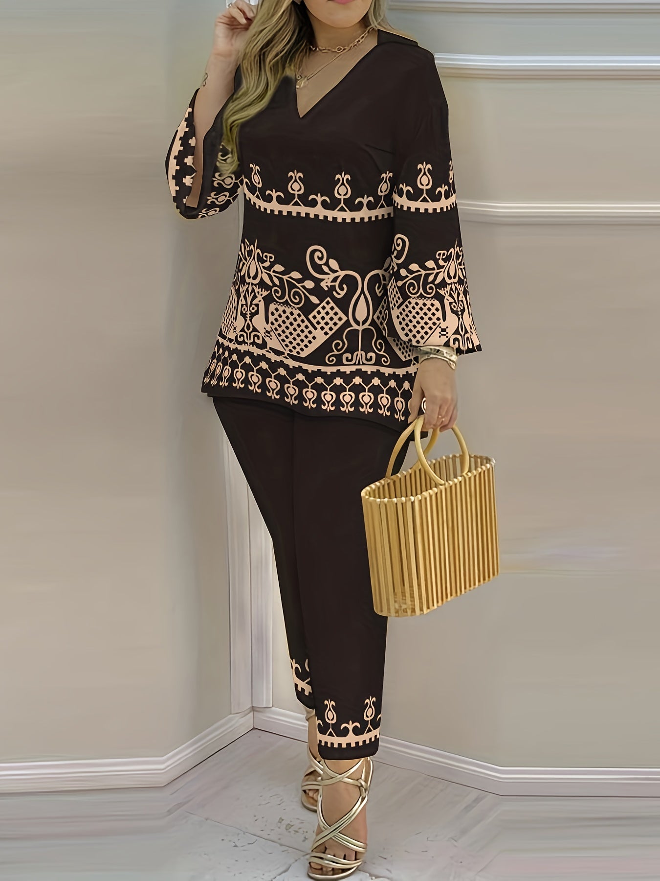 Graphic Print Casual Two Piece Set V Neck Flared Sleeve Tops & Pants