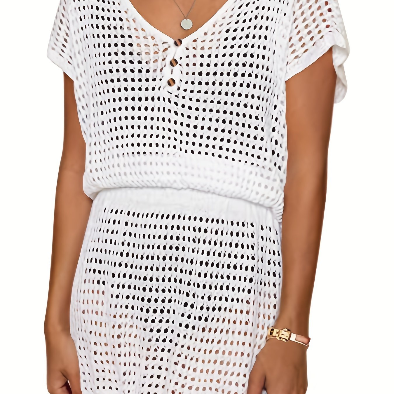 Crochet Cover Up Dress V Neck Short Sleeve Beach Caftan