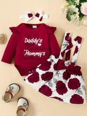 3pcs Long Sleeve Triangle Onesie Suspender Dress Set Newborn Alphabet Print