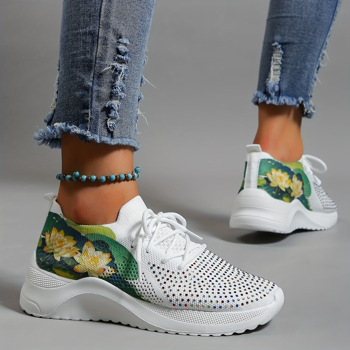 Lotus Printed Sneakers with Rhinestone Decor Low Top Sports Shoes