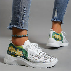 Lotus Printed Sneakers with Rhinestone Decor Low Top Sports Shoes