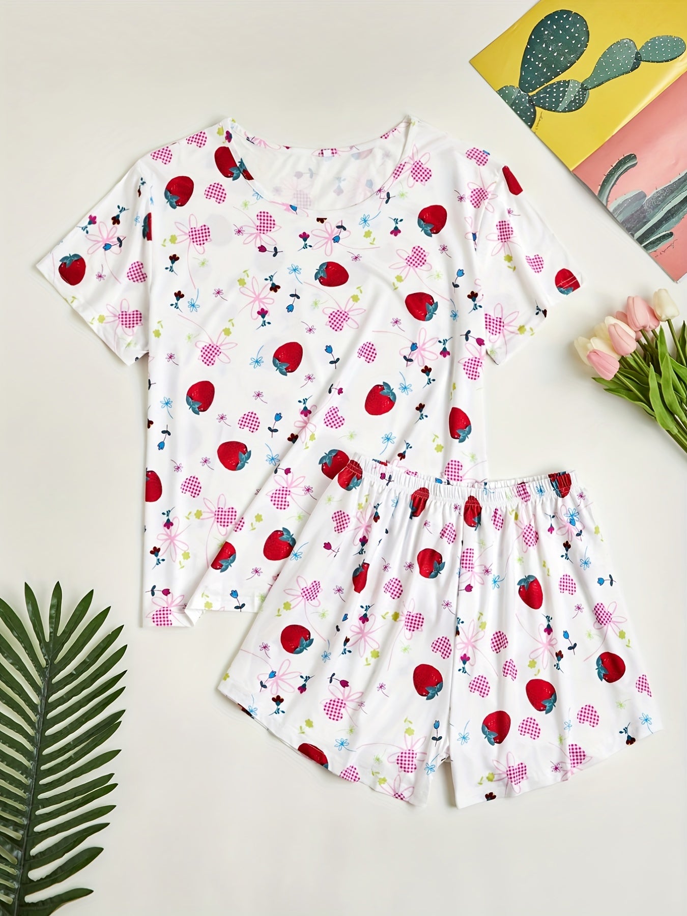 Strawberry Print Pajama Set Short Sleeve Top & Shorts Two Piece Set