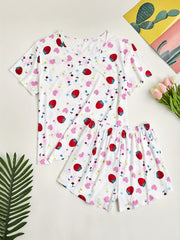Strawberry Print Pajama Set Short Sleeve Top & Shorts Two Piece Set