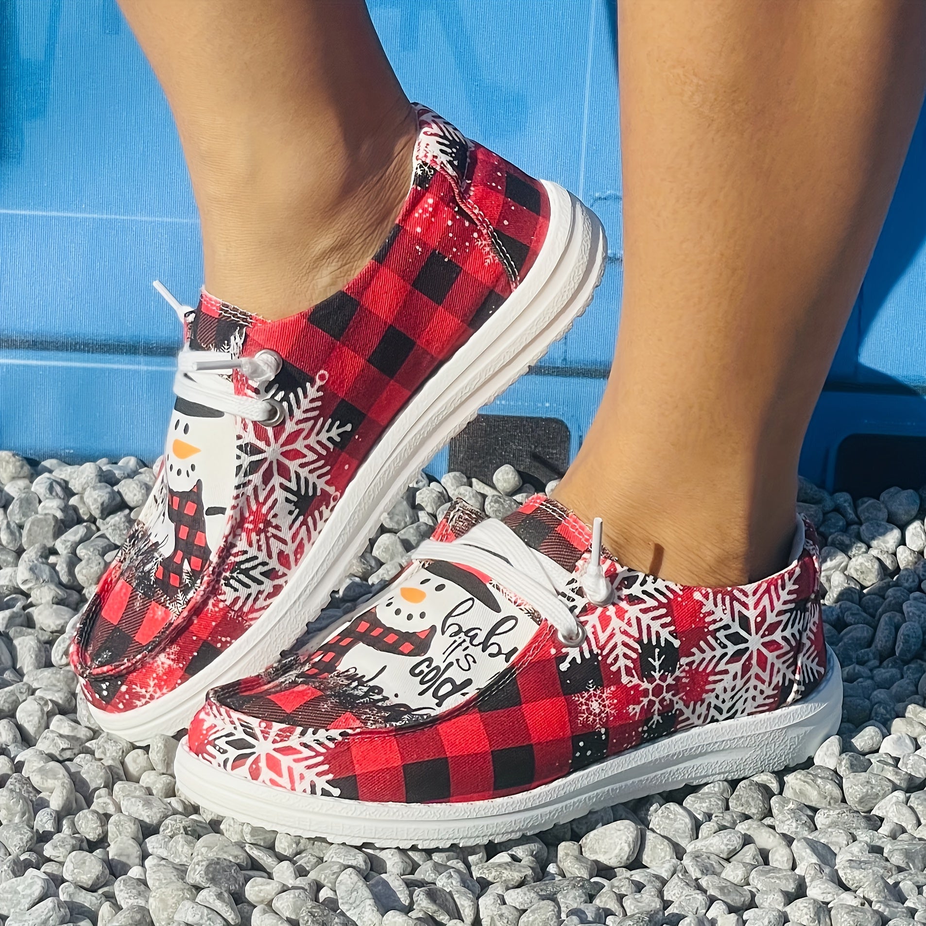 Christmas Women's Casual Flat Red Grid Snowman Print Canvas Shoes