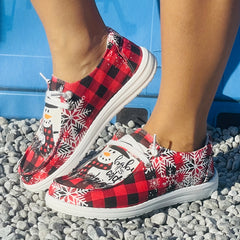 Christmas Women's Casual Flat Red Grid Snowman Print Canvas Shoes