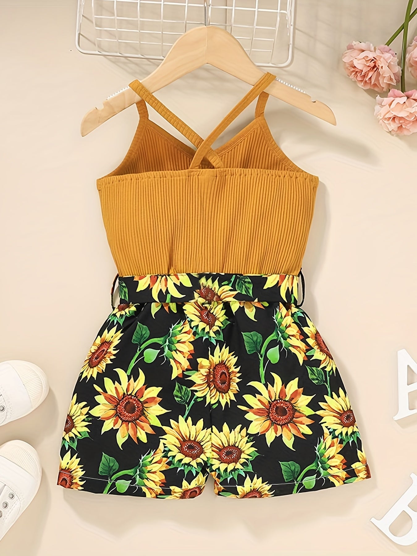 Toddler Girls Sunflower Graphic Cami Romper with Belt