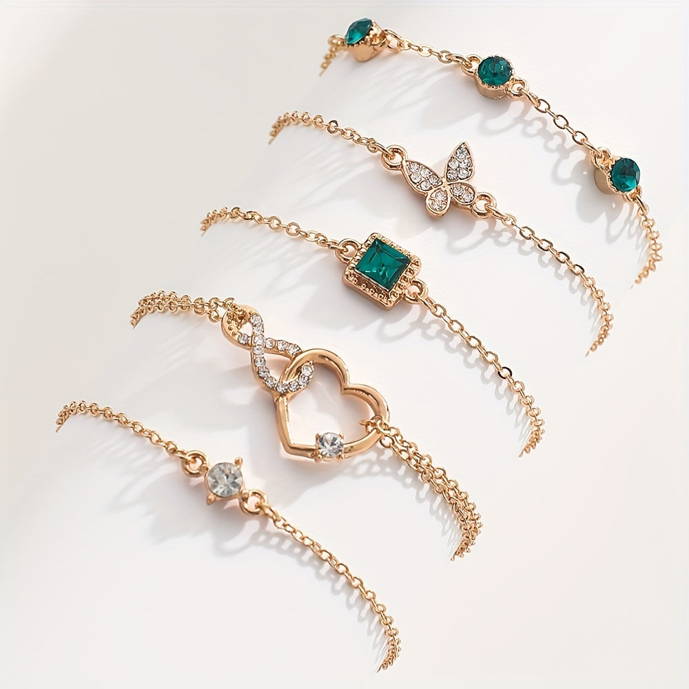 5pcs Retro Style Bracelet Love Rhinestones Infinity Symbol Green Bracelet