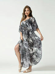 Tropical Print V Neck Bat Sleeve Cover Up Dress