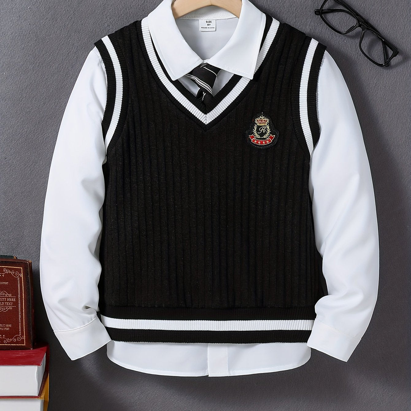 2pcs Boys Uniform Knitted Sleeveless Sweater Vest & Long Sleeve Tie Shirt Set