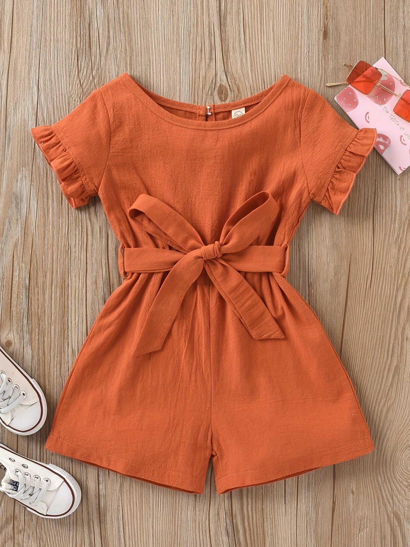 Girls Cotton Linen Frill Trim Romper Shorts with Belt