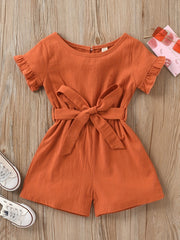 Girls Cotton Linen Frill Trim Romper Shorts with Belt