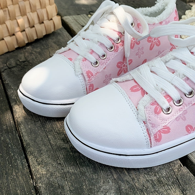 Women's Floral Print Canvas Sneakers Pink Low Top Flat Shoes