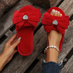 Women's Bowknot Slippers Open Toe Slip On Shoes Rhinestone Heart Decor