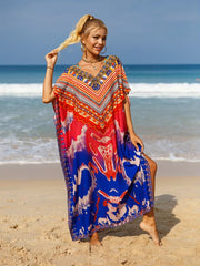 Geometric Print Bat Sleeve V Neck Cover Up Dress