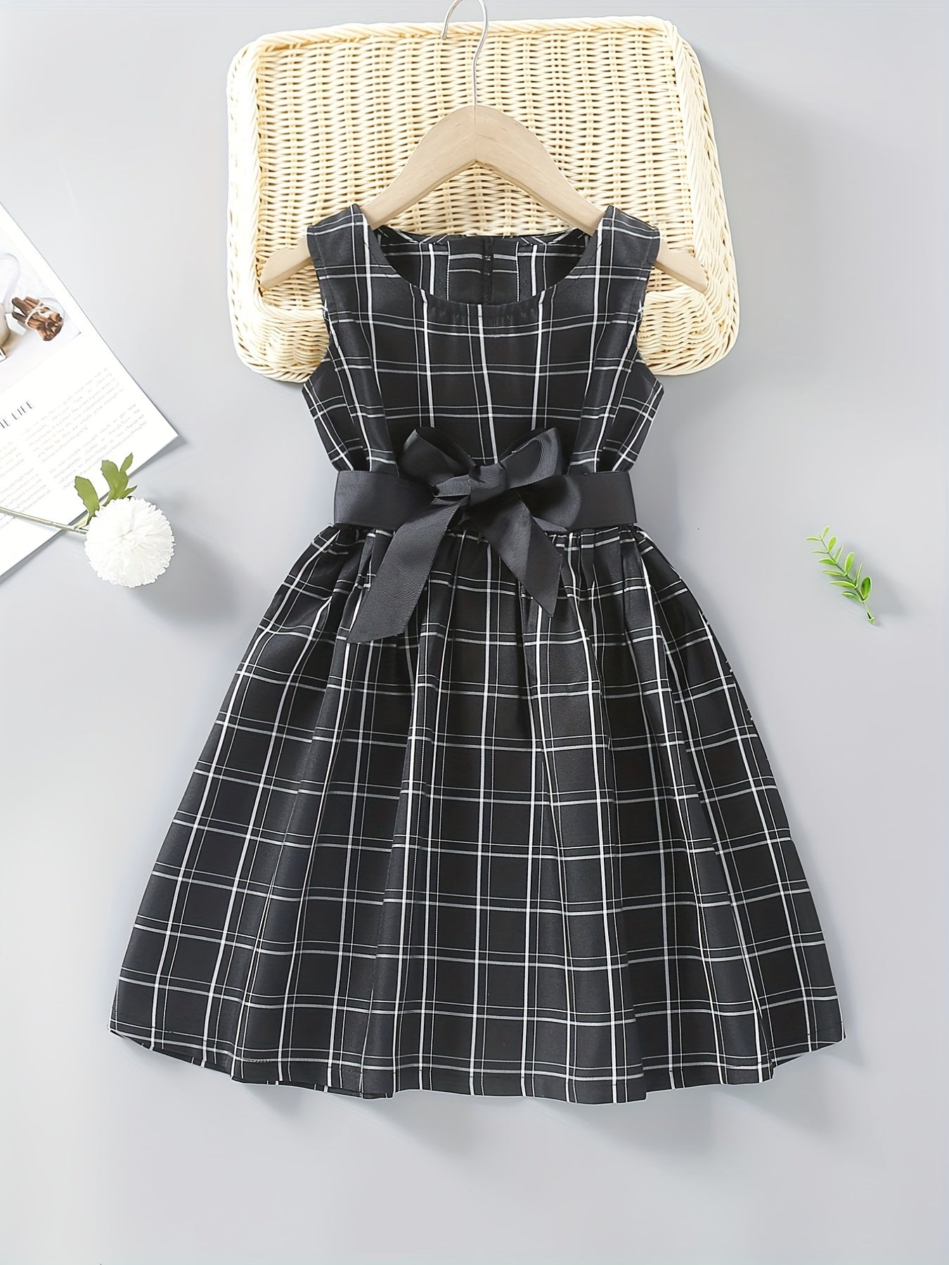 Girls Plaid Sleeveless Dress with Bow Belt