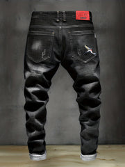 Men's Embroidered Denim Jeans Slim Straight Stretch Pants