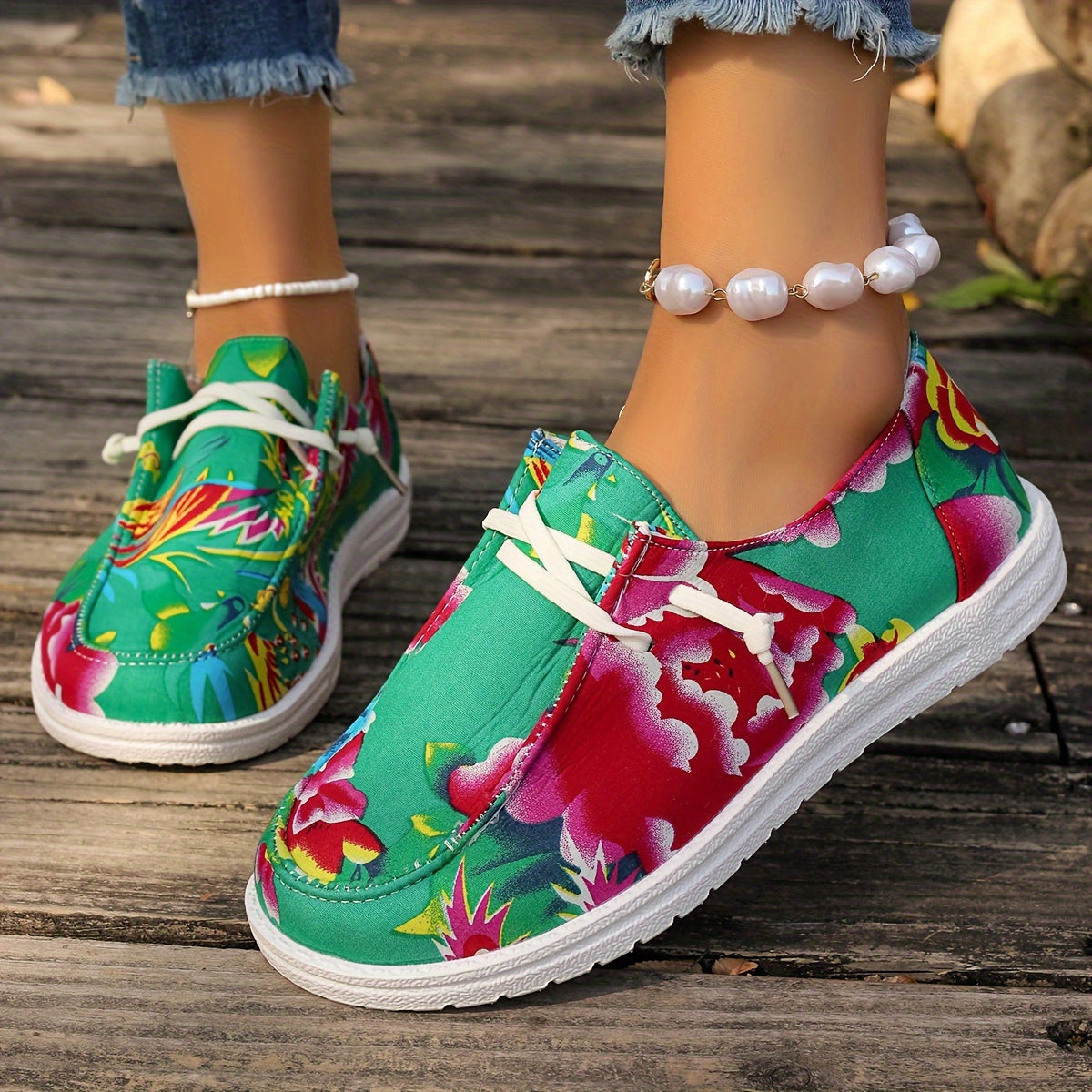 Chinese Style Flower Pattern Boat Shoes Canvas Low Flats