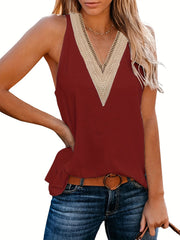 Guipure Lace Trim Tank Top V Neck Sleeveless Summer Top