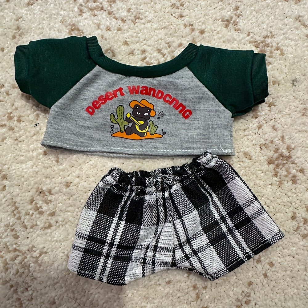 Desert Wandering Outfit for Plush Doll - Gray Shirt, Plaid Pants, Sneakers