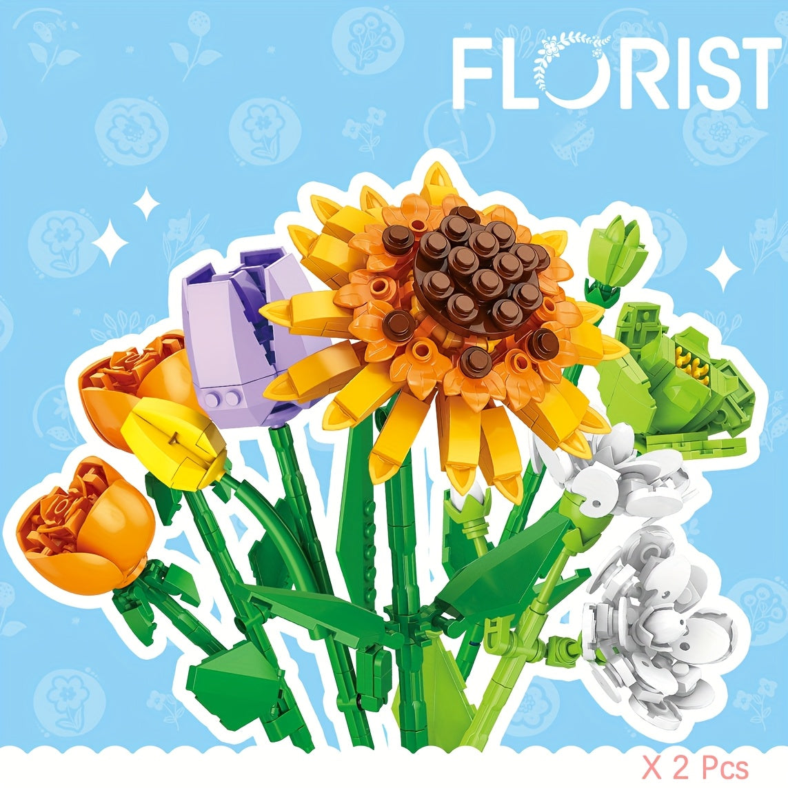 Set of 2 Flower Blocks DIY Building Toy Preserved Flowers Desktop Decoration