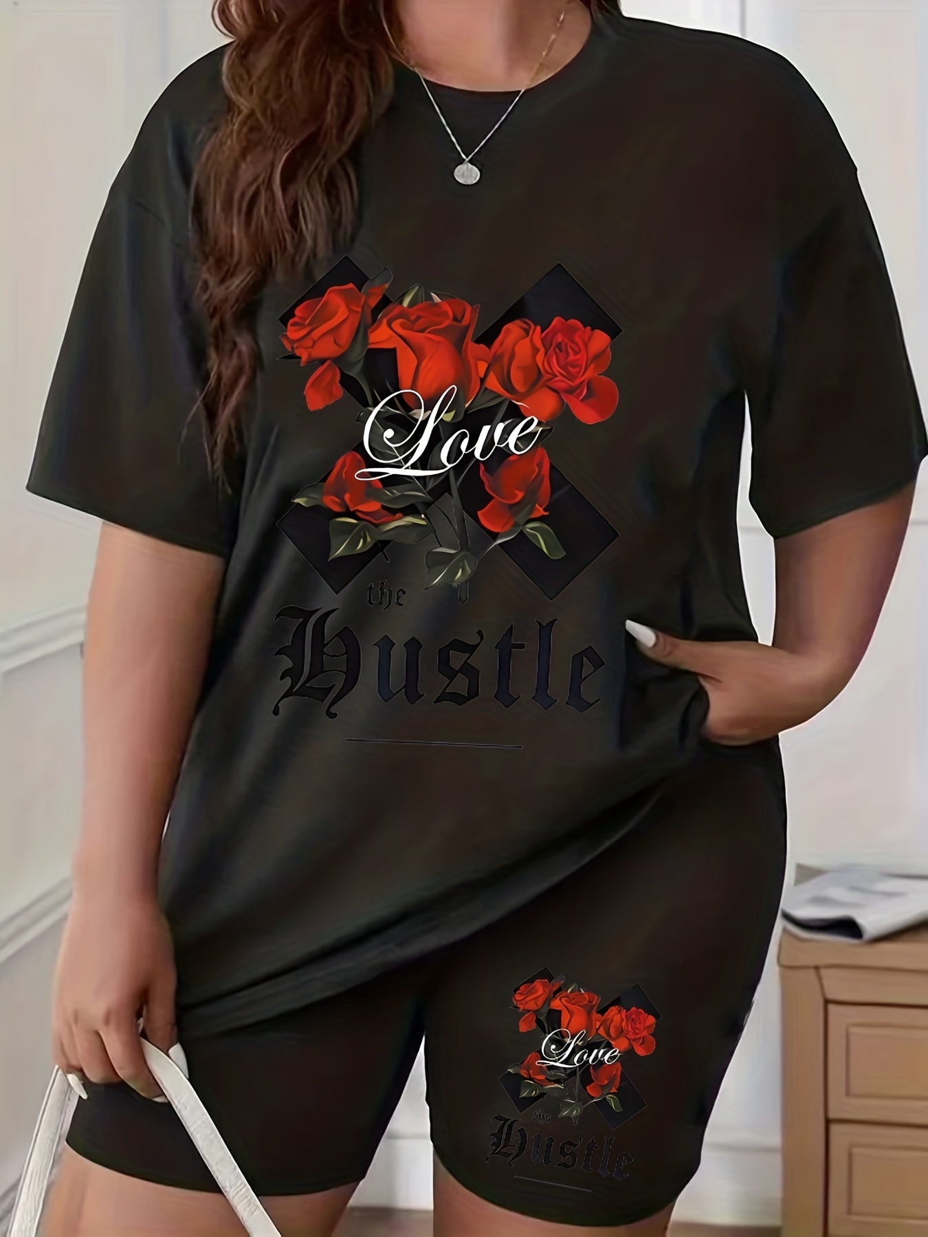 Rose & Letter Print Top & Shorts Set