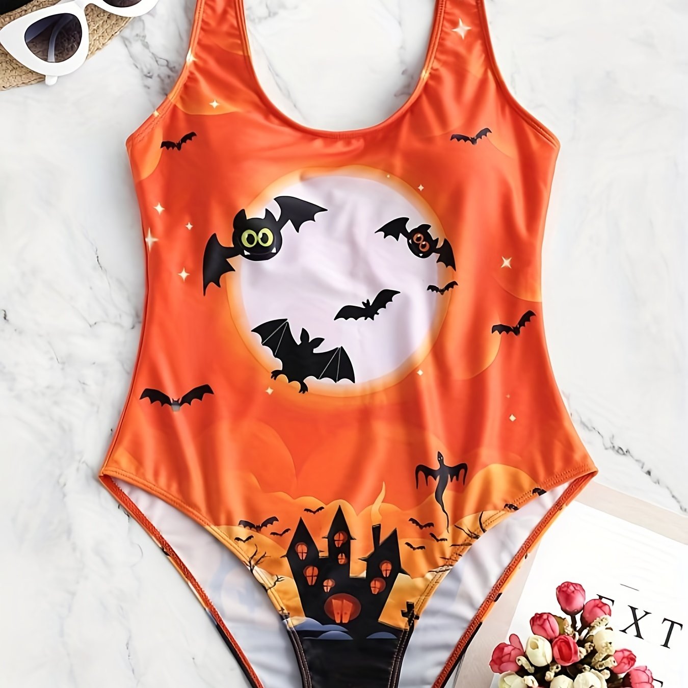 Gothic Swimsuit Women's Bat & Castle Print One Piece Bathing Suit