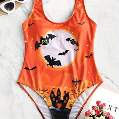 Gothic Swimsuit Women's Bat & Castle Print One Piece Bathing Suit