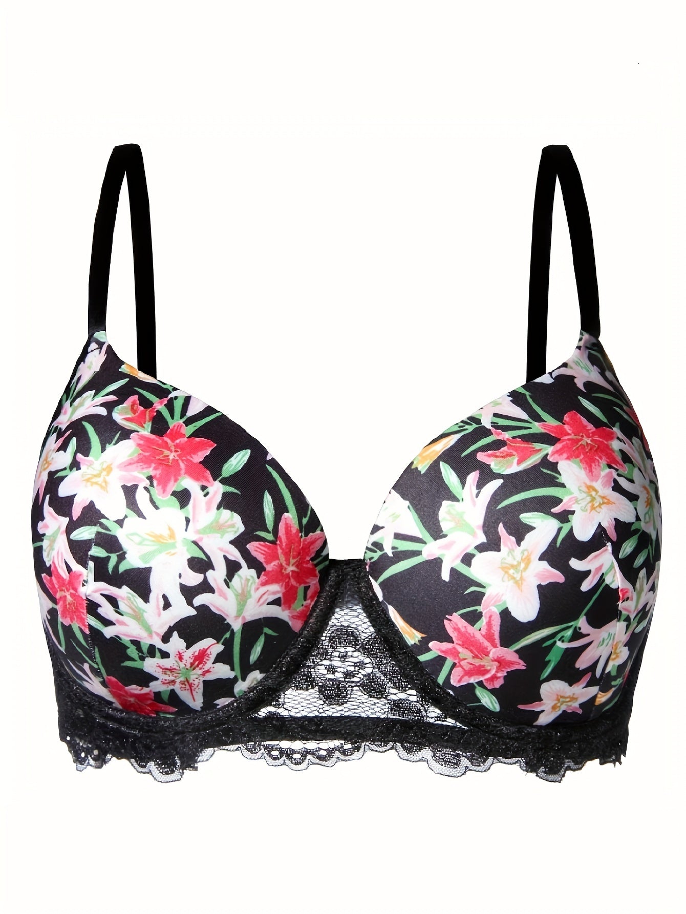 Floral Print Lace Molded Cup Underwire Padded Bra
