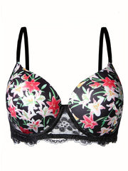 Floral Print Lace Molded Cup Underwire Padded Bra